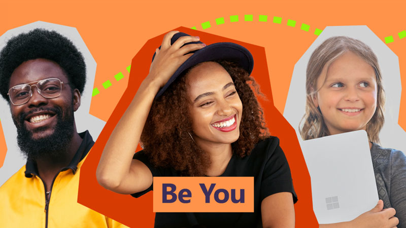 Two smiling adults and a smiling child holding a Surface device above the text 'Be You'