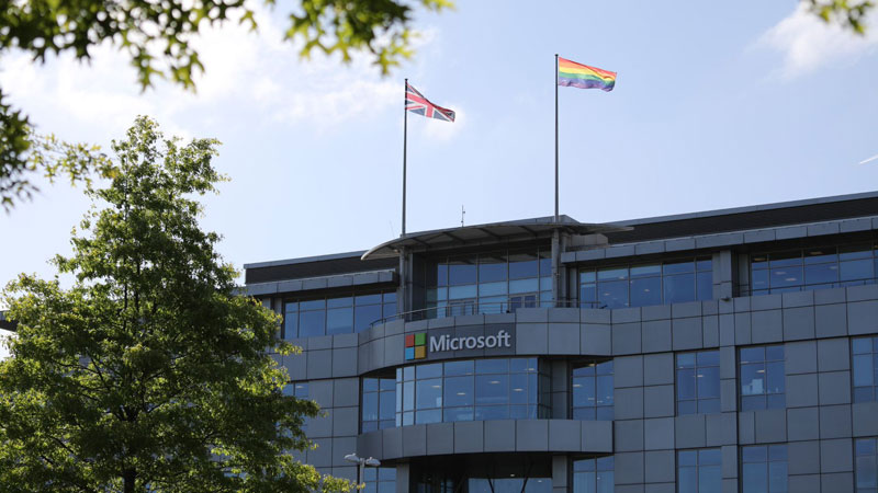 Microsoft headquarters with the UK flag and Pride flag