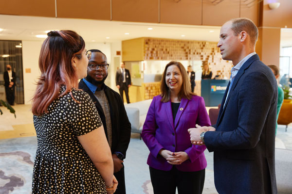 Clare Barclay and Prince William, Duke of Cambridge talk to Microsoft employees